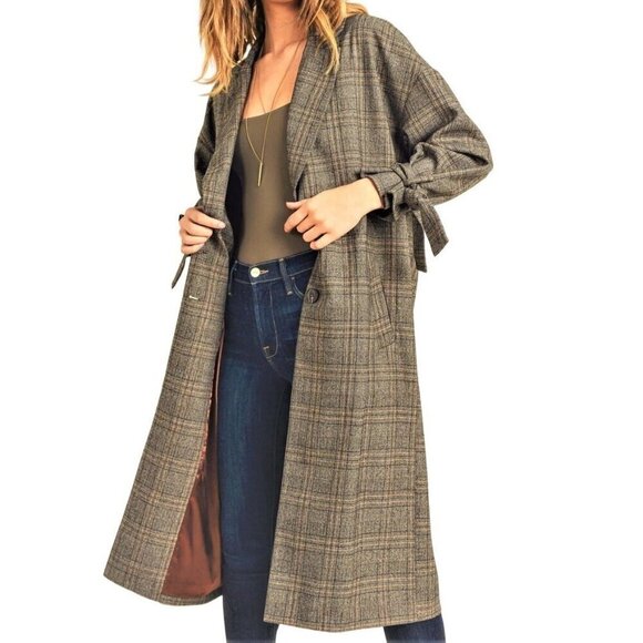 Reset by Jane Jackets & Blazers - Reset by Jane Mallory Plaid Coat Women S Belt Tie Sleeves Woven Poly Blend Brown